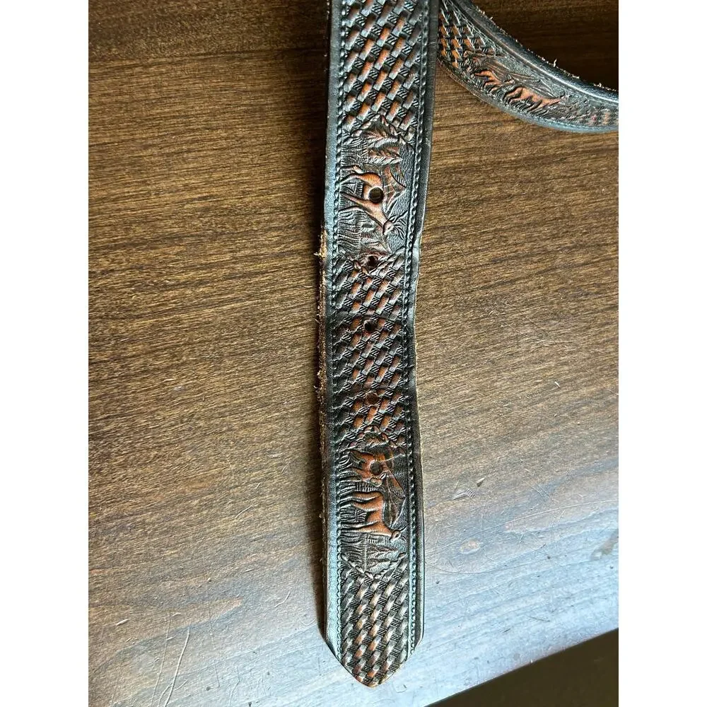 Vintage belt 42 hand tooled Western deer mountains brass buckle basket-weave